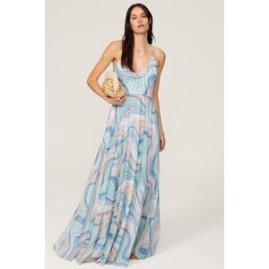 LIV FOSTER Blue Orange Abstract Watercolor Wave Pattern Halter Neck Maxi Size 6